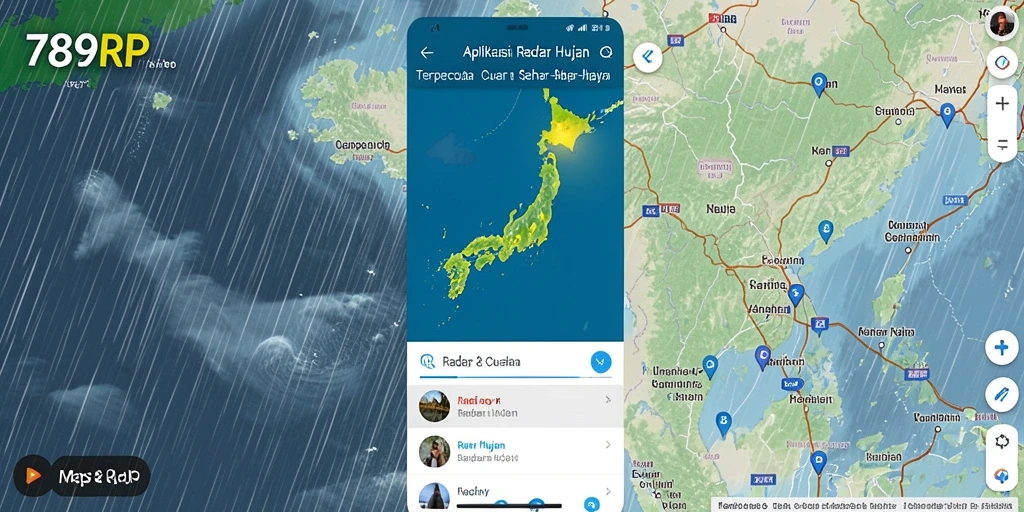 Antarmuka aplikasi Radar Hujan 789RP dengan peta interaktif dan data cuaca terkini.