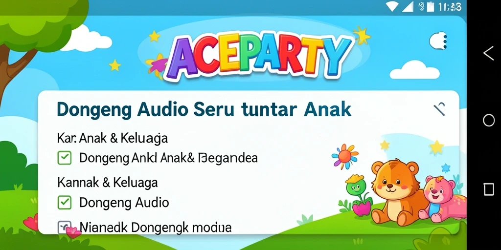Antarmuka ACEPARTY yang ramah anak dengan koleksi dongeng.