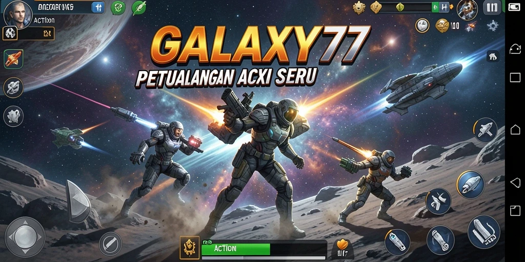 Tampilan antarmuka GALAXY77 dengan aksi seru di luar angkasa.