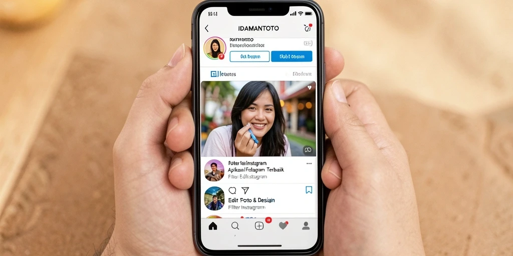 Antarmuka aplikasi IDAMANTOTO dengan fitur filter Instagram yang menarik.