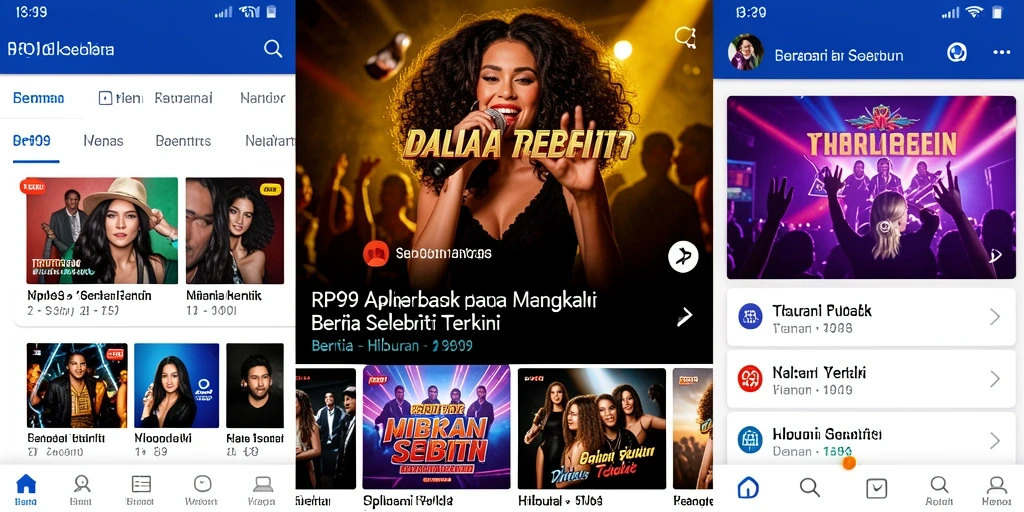 Antarmuka RP99 menampilkan berita dan informasi selebriti dengan menarik.